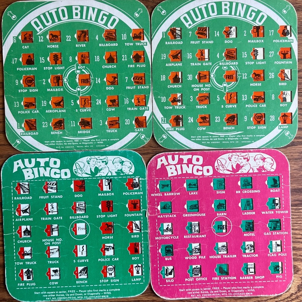 Vintage Auto Bingo Game Cards - Green & Pink Set